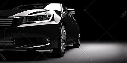 New black metallic sedan car in spotlight. Modern desing, brandless.