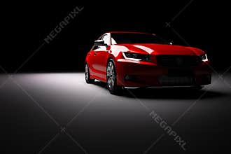 New red metallic sedan car in spotlight. Modern desing, brandless.