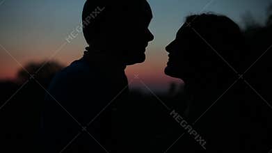 Silhouettes of couples kissing at sunset