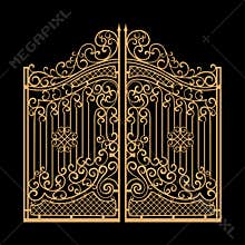 Decorated steel gates vector illustration. Golden on black background