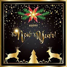 Happy New Year card Christmas decoration template with gold reindeer and Christmas star 2027