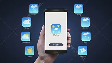 Touching Weather forecast application on mobile, smartphone.