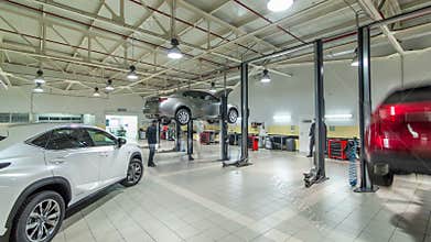 Cars moves on lifts in modern service station and men repair cars timelapse hyperlapse.
