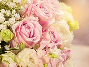 Beautiful Romantic Pink Rose Pattern in The Big Bouquet of Flowers Vase with Orange Sun Light Shade at The Corner for Interior Des