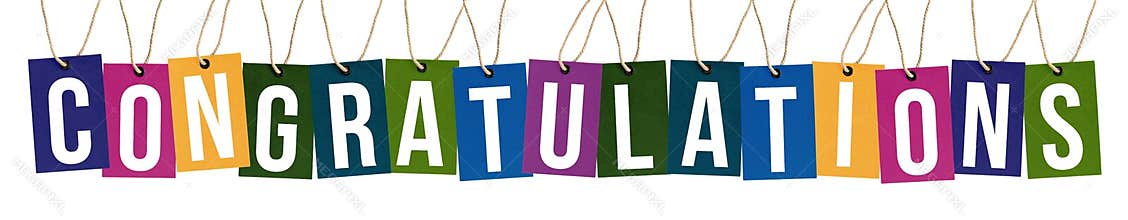 Congratulations text on multi color tags
