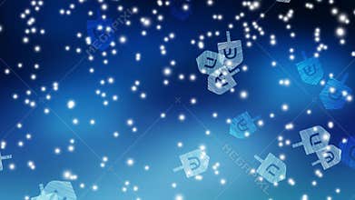 Abstract motion blue background with spinning dreidels and falling lights. Modern animation, Jewish Festival of light Hanukkah