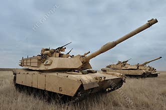 US tank Abrams A1M1 in military polygon in the exercise Platinum Lynx