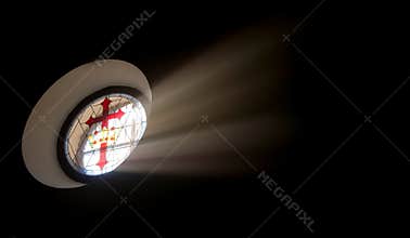 Oval stained glass window with Santiago cross