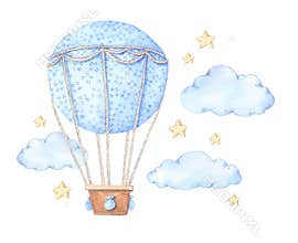 Hand drawn watercolor illustration - hot air balloon in the sky.