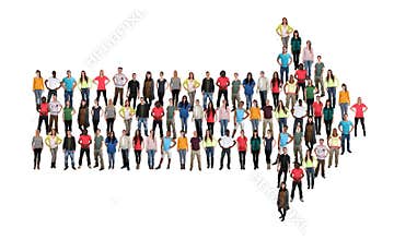Group of young people direction arrow success team teamwork multicultural