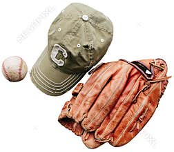 Baseball cap, ball and glove. Isolated on white background