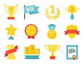 Vector trophy champion cup flat icon winner gold award prize sport success best win golden illustration.