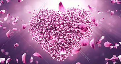 Rotating pink rose sakura flower petals in love heart shape. Seamless loop 4k