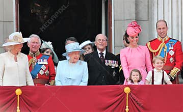 Queen Elizabeth & Royal Family, Buckingham Palace, London June 2017- Trooping the Colour Prince George William, harry, Kate & Char