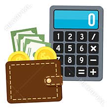 Calculator & Brown Wallet Flat Icon on White