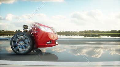 Car chassis with engine on highway. Transition. Very fast driving. Auto concept. Realistic 4k animation.