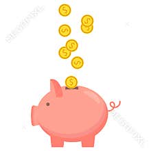 Piggy bank with coin icon, isolated flat style. Concept of money