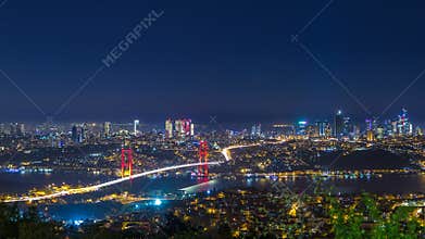 Istanbul city skyline cityscape night time lapse view of bosphorus bridge and financial business center