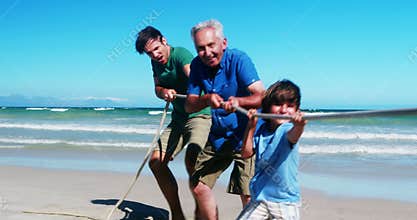 Family playing tug of war at the beach