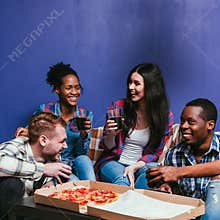 Smiling company have fun at home, hot pizza party