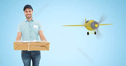 Delivery man carrying parcel by 3d airplane