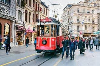 Old Tram on Taksim Istiklal Street. Istanbul. Turkey