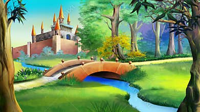Landscape with fairy tale castle and small bridge over the river