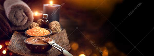 Spa treatment. Chocolate mask, bath salt, brown sugar scrub