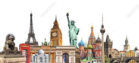 World landmarks photo collage isolated on white background, travel tourism and study around the world concept
