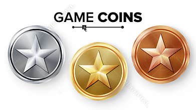 Game Gold, Silver, Bronze Coins Set Vector With Star. Realistic Achievement Icon Illustration. Rank Medals For Game User Interface