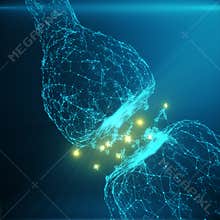 Blue glowing synapse. Artificial neuron in concept of artificial intelligence. Synaptic transmission lines of pulses