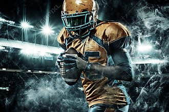 American football sportsman player on stadium running in action