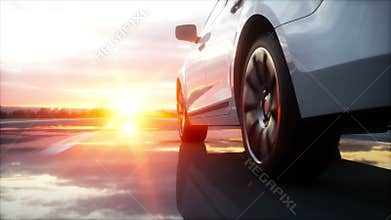 Luxury white car on highway, road. Very fast driving. Wonderfull sunset. Travel and motivation concept. Realistic 4k