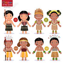 Kids in different traditional costumes. New Zealand, Papua New G