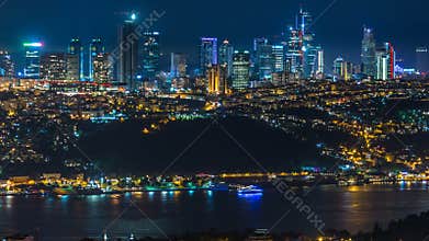 Night timelapse top view of besiktas district in istanbul taken from asian part of the city.