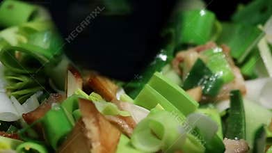 Woman cooking vegetables and meat