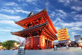 Asakusa temple with pagoda at night, Tokyo, Japan