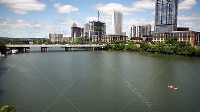 Austin City Downtown Skyline Kayaker Navigating Colorado River