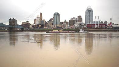Nautical Barge Ohio River Flood Stage Cincinnati Downtown City Landscape
