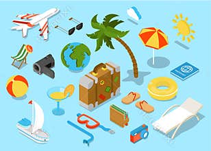 Flat 3d isomectric travel objects icon set