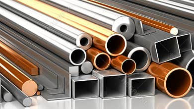 Set of rectangular, round, square steel and copper tubes and different metallic construction materials. Industrial loop animati