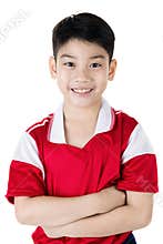 Portrait of Happy asian cute boy in red sport uniform