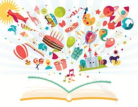 Imagination concept - open book with air balloon, rocket, airplane flying out