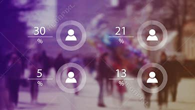 World Population Data Presentation Concept with Blur People Crowd and Animated Charts with Percentage Numbers