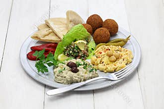 Hummus, falafel, baba ghanoush, tabbouleh