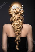 Portrait of a beautiful woman in the image of the bride with lace in her hair. Beauty face. wedding hairstyle back view