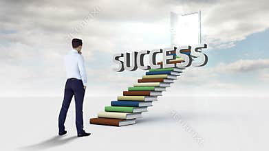 Businessman looking at a word on a stair made of books