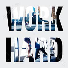 Sports photos in the form of the word work hard