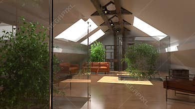 Modern interior. Eco home, green house. Contemporary architecture space animation with sofa and green plants