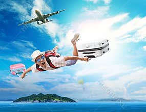 Young man flying from passenger plane to natural destination isl